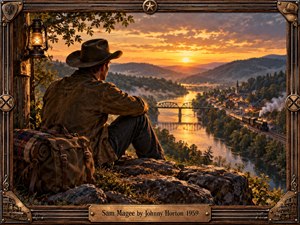 A solitary cowboy rests on a rocky overlook above a winding river, watching a steam train approach a glowing small town at sunset. Warm amber light, misty wooded hills, reflective water, and rugged textures create a nostalgic, contemplative mood. An ornate Western railroad frame completes the richly detailed painted scene.