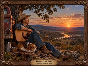 A weary cowboy rests beside a weathered red pickup beneath an old tree, his guitar across his lap and a sleeping hound nearby. Golden sunset light washes over a winding river, farms, and distant hills, creating a peaceful, nostalgic country mood framed by richly carved rustic wood and brass details.