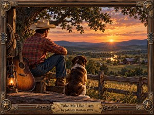 A solitary cowboy and faithful dog overlook a peaceful rural valley glowing beneath a fiery sunset. Warm amber light washes across farms, winding water, distant hills, and weathered fencing. Richly detailed painted realism, rustic wood textures, an acoustic guitar, lantern, and ornate Western frame create a reflective country atmosphere.