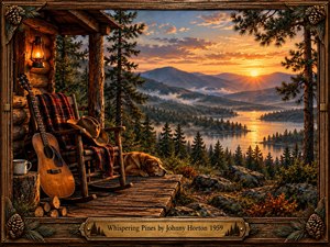 A rustic cabin porch overlooks a misty pine valley and glowing mountain lake at sunset. A guitar, cowboy hat, rocking chair, lantern, and resting dog create a quiet, nostalgic mood. Warm amber light contrasts with cool forest shadows, while detailed painterly textures and a carved wooden frame evoke vintage Americana.