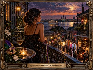 A glamorous woman in black lace overlooks a moonlit New Orleans from an ornate balcony, surrounded by candlelight, magnolias, beads, and a jeweled mask. Below, rain-bright streets, jazz musicians, iron balconies, and a riverboat glow beneath purple-gold clouds, creating a romantic, mysterious, cinematic atmosphere framed in gilded musical ornament.