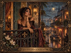 A mysterious woman leans on a wrought-iron balcony overlooking rain-soaked New Orleans at night. Amber gaslights, a vintage car, distant riverboat, and lone trumpeter create a sultry, haunted atmosphere. Deep blues, bronze, burgundy, magnolias, Mardi Gras beads, and ornate fleur-de-lis framing give the richly textured painting romantic Southern decadence.