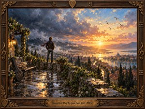 A lone man stands on a rain-soaked terrace overlooking a sunlit harbor city as storm clouds give way to a golden dawn. Birds soar above distant mountains, while flowers, a glowing lantern, and shimmering cobblestones enrich the hopeful scene. Expressive oil brushwork and an ornate wooden frame complete the artwork.