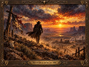A lone gunslinger strides across a rocky desert ridge toward a blazing sunset overlooking a frontier town. Fiery orange skies clash with dark storm clouds above distant mesas. Tattered banners flutter beside weathered timber. Rich oil painting textures create cinematic drama, enclosed within an ornate bronze Western frame.