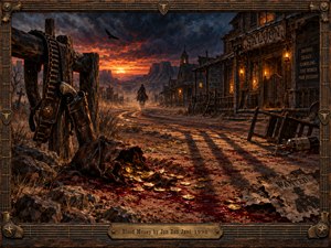 An ominous Western town stretches beneath a fiery sunset and storm-darkened sky. A lone rider disappears along the winding street past lantern-lit saloons. In the foreground, spilled gold coins gleam against bloodstained dust beside a weathered holster. Rich oil-painted textures and an ornate bronze-and-wood frame deepen the haunting atmosphere.