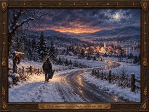 A solitary traveler carrying a guitar case walks along a winding snowy road toward a glowing Christmas village. Moonlight illuminates blue mountains, frosted trees, and a distant church, while amber windows promise warmth. Expressive oil brushwork, an ornate guitar-themed wooden frame, and soft violet twilight evoke longing and homecoming.