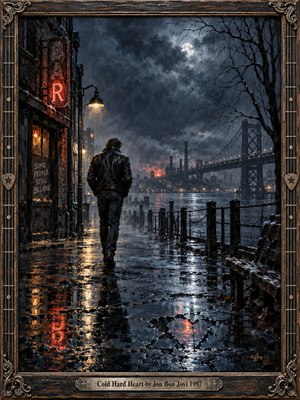 A lone man in a leather jacket walks along a rain-soaked riverfront beneath stormy moonlight. Neon bar lights shimmer across cracked pavement, while a distant bridge and industrial skyline fade into mist. Cold blue shadows contrast with amber reflections in this richly textured oil painting, framed by weathered wood and metal.