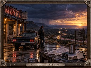 A lone traveler stands beside a weathered car outside a roadside motel, gazing toward a winding highway and distant city lights. Rain-slick pavement reflects red neon and amber sunset beneath brooding blue storm clouds. Cinematic, nostalgic photography captures restless hope, framed by guitar-inspired metalwork and an engraved title plate.