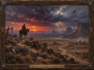 A lone cowboy on horseback overlooks a rugged desert valley beneath dramatic crimson and purple storm clouds. Distant mesas, abandoned ruins, circling birds, and winding trails evoke isolation and mortality. Warm sunset rays illuminate textured oil-painted landscapes, while an ornate wooden frame with metallic decorations and engraved brass lettering completes the artwork.