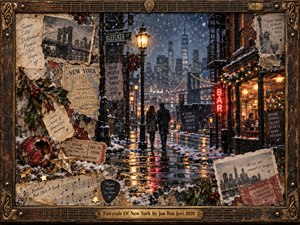 A nostalgic mixed-media collage frames a snowy New York street where two figures walk beneath glowing lamps. Torn maps, faded photographs, holiday ornaments, and handwritten notes surround the scene. Amber bar lights shimmer across wet pavement against a blue skyline, blending festive warmth with heartbreak in a weathered guitar-inspired frame.