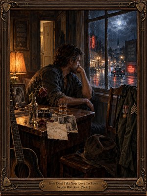 A weary man gazes through a rain-streaked window at a moonlit town glowing with neon reflections. Warm amber lamplight illuminates scattered photographs, a wilted rose, whiskey, and an acoustic guitar, while a military jacket hangs nearby. Deep blue shadows and ornate bronze framing enrich this melancholy oil painting.