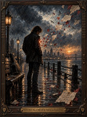 A solitary man stands on a rain-soaked waterfront beneath brooding storm clouds, his chest glowing as red fragments and handwritten pages scatter into the wind. Amber streetlamps reflect across wet boards, with a distant skyline and sunset beyond. Rich oil-painted textures, an ornate guitar-inspired frame, and bronze details heighten the melancholy.