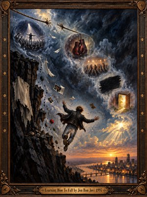 A lone man tumbles through stormy blue clouds above a glowing riverside city at dusk, surrounded by drifting photographs, feathers, a red rose, and dreamlike glimpses of applause and struggle. Golden sunlight breaks through the darkness, offering hope. Rich oil brushwork and an ornate bronze guitar-inspired frame heighten the drama.