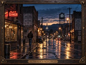 A lone man walks past a glowing diner on a rain-soaked small-town street. Amber streetlights and red neon shimmer across puddles beneath a cloudy blue sky. Brick storefronts, a distant church steeple, and a water tower evoke nostalgic solitude. Cinematic photographic realism is enclosed within an ornate wood-and-bronze frame.