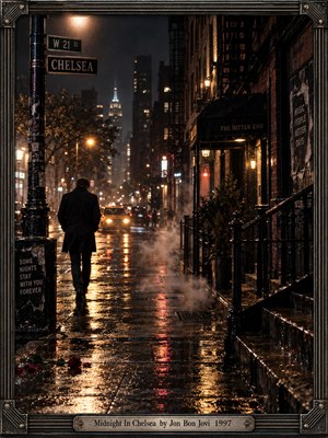 A solitary man walks along a rain-soaked Chelsea street beneath glowing amber lamps. Wet pavement reflects distant taxis and shimmering city lights, while brick buildings and drifting steam create a melancholy midnight atmosphere. Cinematic photographic realism captures nostalgic urban loneliness, surrounded by an ornate black metal frame with engraved details.
