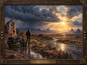 A lone traveler stands beside a motorcycle and guitar case overlooking a winding desert highway. Storm clouds break into brilliant golden sunlight above distant mesas, illuminating wet pavement and rugged scrubland. A weathered roadside shrine adds quiet reverence. Rich oil-painted textures and an ornate guitar-inspired frame evoke hardship, hope, and redemption.