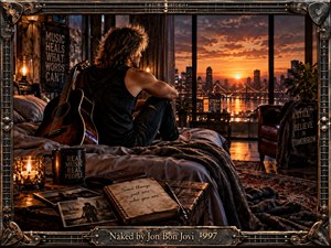 A solitary musician sits on an unmade bed beside a guitar, gazing through tall windows at a glowing city sunset. Amber light fills a weathered room scattered with photographs, candles, and handwritten notes. Cinematic realism blends deep shadows and warm reflections, enclosed within an ornate guitar-inspired metal frame and engraved title plate.