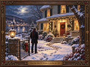 A solitary man stands beside a snowy gate, gazing toward a warmly illuminated Christmas house. Moonlight washes a distant village and bridge in icy blues, while golden windows, evergreen garlands, and red wreaths promise comfort. Detailed oil painting textures and an ornate carved wooden frame heighten the wistful, hopeful mood.