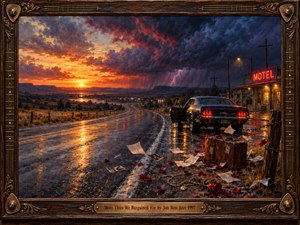 An abandoned muscle car rests beside a glowing roadside motel as a rain-slick highway curves toward a fiery sunset. Towering blue-black storm clouds and distant lightning deepen the uneasy mood. Scattered letters, rose petals, and a weathered suitcase suggest heartbreak. Rich oil-painted textures glow within an ornate, guitar-inspired wooden frame.
