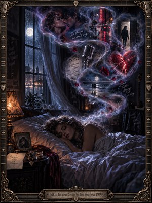 A sleeping woman rests beneath rumpled sheets in a moonlit bedroom, while swirling dreamlike ribbons reveal lovers, a rainy neon street, a cracked red heart, and distant silhouettes. Deep blues, purples, and crimson highlights create romantic tension. Warm lamplight illuminates the richly detailed digital artwork, surrounded by an ornate guitar-themed frame.