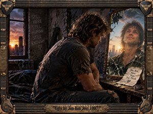 A weary man in torn clothing faces a cracked mirror inside a shadowy, weathered room. His reflection appears hopeful beneath golden sunset light, contrasting with the dark interior. A handwritten note, distant skyline, and distressed walls deepen the emotional atmosphere. Ornate guitar-string metalwork frames the cinematic, richly textured artwork.