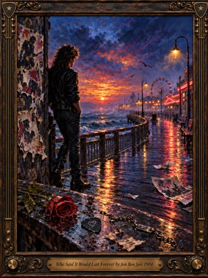 A richly textured oil painting portrays a solitary leather-clad rocker overlooking a rain-soaked seaside boardwalk at sunset. Fiery orange light illuminates violet clouds, reflecting across wet planks toward a distant Ferris wheel. A fallen red rose, guitar pick, and broken chain symbolize lost love within an ornate bronze-trimmed frame.