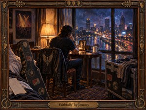 A solitary musician sits in a warmly lit hotel room overlooking a rain-soaked city at night, surrounded by road cases, a guitar, photographs, and travel-worn belongings. Deep blues contrast with amber lamplight, creating a reflective, longing mood. Painterly textures, glowing highways, and an ornate musical frame evoke devotion across distance.