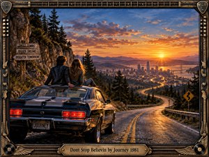 A young couple sits atop a black muscle car overlooking a glowing city at sunset, symbolizing hope, possibility, and forward motion. A winding mountain road leads toward the illuminated skyline beneath orange and blue skies. Rich painterly realism, warm golden light, rugged textures, roadside signs, and an ornate guitar-inspired frame enhance the nostalgic rock atmosphere.