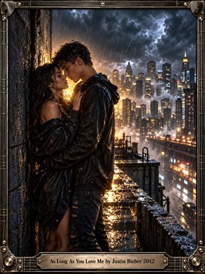 A rain-soaked young couple embraces on a high city rooftop, framed against a glowing nighttime skyline and storm-dark clouds. Warm golden backlight contrasts with cool blue-gray rain, creating an intimate, dramatic mood. Cinematic photographic realism, wet textures, reflective surfaces, and a decorative metallic music-inspired frame enhance the romantic tension.