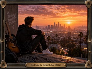 A young man in dark casual clothing sits beside an acoustic guitar on a rooftop overlooking a glowing city at sunset. Warm orange light, palm trees, distant skyscrapers, and soft haze create a romantic, reflective mood. A black-and-brass guitar-inspired frame and engraved title plate complete the cinematic photographic composition.