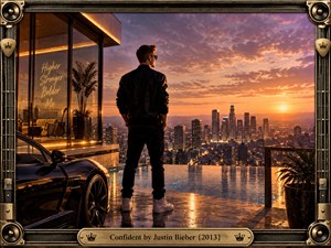A self-assured young man stands on a luxurious rooftop above a glowing city at sunset, framed by sleek architecture, a reflective pool, and a polished sports car. Warm orange, violet, and gold light creates a cinematic, aspirational mood, while ornate black-and-gold musical framing adds bold, glamorous detail.
