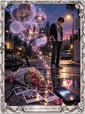 A pensive teenage boy stands on a rain-slick suburban street at dusk, surrounded by glowing memory bubbles, scattered photographs, roses, a fallen bicycle, and a lit phone. Pink, lavender, blue, and amber reflections create a wistful cinematic mood, framed by ornate chrome musical details and soft heart-shaped lights.