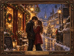 A young couple shares a tender moment on a snowy holiday street glowing with amber shop windows, lanterns, garlands, and festive lights. Rich reds, greens, golds, and cool blue shadows create a romantic winter atmosphere, rendered in detailed oil-paint style within an ornate carved wooden frame.