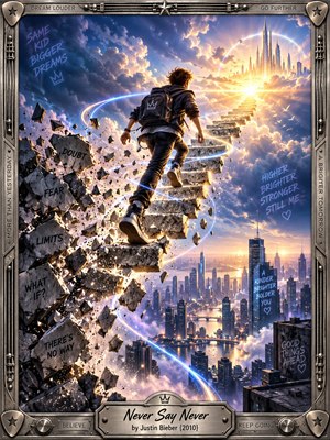A determined teenage climber ascends fractured floating steps above a glowing modern city, leaving broken stones marked with doubt and fear behind. Electric blue light trails spiral toward a radiant golden skyline in the clouds. Violet storm clouds, sunrise beams, and polished digital detail create an uplifting, cinematic mood within a metallic music-themed frame.