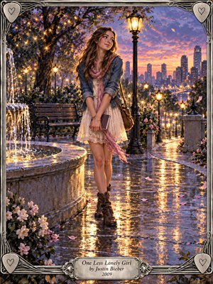 A young woman stands beside a glowing fountain on a rain-slick park promenade at twilight, framed by flowering trees, vintage lamps, and a distant city skyline. Warm gold reflections contrast with violet-blue skies, creating a hopeful romantic mood. Detailed digital painting, soft cinematic light, and ornate silver framing add storybook charm.