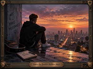 A solitary young man sits on a rain-darkened rooftop overlooking a glowing city at sunset, surrounded by an acoustic guitar and reflective journal. Warm orange, violet, and gold light contrasts with his shadowed figure, creating a remorseful, introspective mood. Ornate musical framing and engraved details add polished cinematic richness.