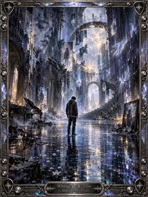 A solitary figure stands in shallow reflective water inside a vast ruined hall, surrounded by broken arches, floating fragments, ghostly faces, and distant light. Cool blue, violet, silver, and gold tones create a melancholy atmosphere, while surreal digital textures, glowing reflections, and an ornate musical frame suggest longing and fractured memory.