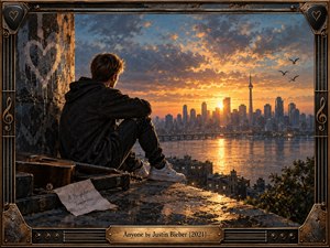 A solitary young man sits on a weathered rooftop beside a guitar, overlooking a glowing city skyline at sunset. Golden light reflects across the water beneath dramatic blue-gray clouds, creating a hopeful yet introspective mood. An ornate dark metal frame, musical motifs, handwritten note, and engraved title plate complete the cinematic digital painting.