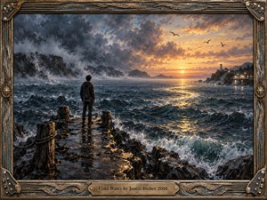 A solitary figure stands on a weathered pier facing a turbulent sea at sunset. Dark blue waves crash beneath stormy clouds while warm amber light opens across the horizon toward a distant lighthouse. Rich oil-painted textures, reflective water, seabirds, and an ornate nautical frame create a contemplative, hopeful atmosphere.
