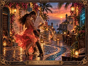 A passionate couple dances across rain-glossed cobblestones in a tropical seaside town at sunset. Coral fabric, golden lanterns, palms, flowers, and glowing reflections create a romantic, rhythmic atmosphere. The cinematic digital painting uses warm orange, teal, and bronze tones, framed with ornate musical details and a polished title plate.