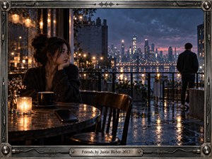 A pensive woman sits beside a rain-speckled cafe window while a distant man faces the glowing city skyline across a wet rooftop terrace. Cool blues and stormy purples contrast with warm candlelight and golden reflections. Cinematic photographic realism, empty space, soft bokeh, and brushed-metal framing create a mood of longing and emotional distance.