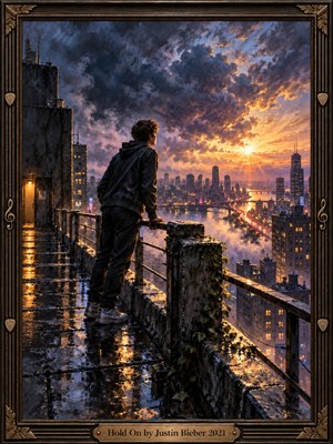 A solitary young man stands on a rain-slick rooftop overlooking a glowing city at sunrise. Deep blue storm clouds break around warm golden light, reflecting across wet concrete and distant streets. The painterly scene feels hopeful yet introspective, with dramatic skies, urban depth, ivy, railings, and a dark ornamental frame.