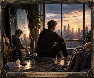 A solitary young man sits beside a high-rise window at sunset, surrounded by a guitar, books, plants, a cracked mirror, and a resting dog. Warm amber light meets deep charcoal shadows, creating a reflective, bittersweet mood. The cinematic realistic composition emphasizes healing, distance, self-respect, and quiet personal renewal.