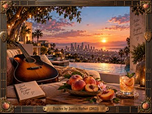 A warm rooftop retreat overlooks a glowing coastal city at sunset, with an acoustic guitar, ripe peaches, journal, lantern, and iced drink arranged in the foreground. Peach, gold, coral, and blue tones create a dreamy, romantic mood, while the ornate musical frame gives the cinematic scene a polished, luxurious finish.