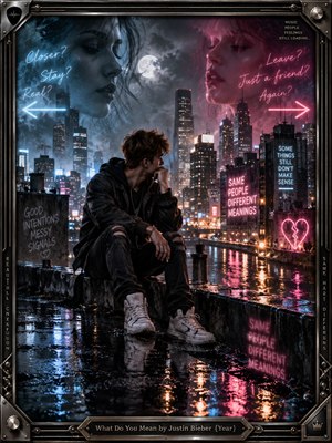 A solitary young man sits on a rain-slick rooftop overlooking a glowing city, surrounded by blue and magenta neon reflections. Ghostly faces, arrows, broken-heart imagery, and scattered messages suggest uncertainty and emotional conflict. Cinematic digital painting, misty moonlight, dramatic shadows, metallic framing, and glossy surfaces create a moody contemporary atmosphere.