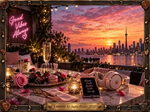 A romantic rooftop dinner overlooks a glowing city skyline at sunset, framed by ornate bronze musical trim. Champagne, roses, chocolate strawberries, macarons, candles, headphones, and a phone fill the marble table. Warm pink, gold, and orange light creates a polished, luxurious, dreamy photographic atmosphere against shimmering water and distant towers.