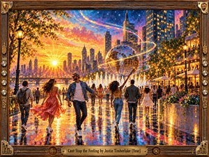 A vibrant riverside city celebration glows beneath a fiery sunset, where dancing figures move across rain-slick pavement toward fountains and a mirrored disco sphere. Warm gold, electric blue, and pink reflections create infectious energy. Painterly detail, festive lights, sweeping motion, and a music-inspired frame reinforce the joyful atmosphere.