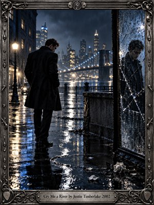 A solitary man stands on a rain-soaked city promenade at night, framed by glowing streetlamps, distant skyscrapers, and a lit bridge. Reflections shimmer across black pavement while a cracked mirror echoes his downcast figure. Cool blues, silver light, wet stone, scattered white roses, and ornate metalwork create a cinematic mood of betrayal and isolation.
