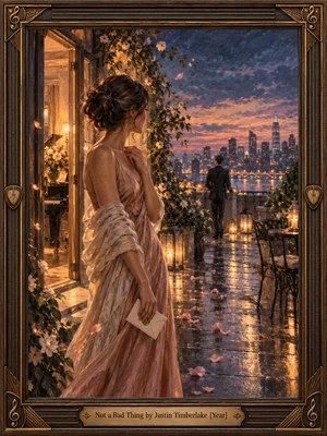 An elegant woman in a flowing blush gown stands on a rain-slick terrace at twilight, holding a sealed letter as she watches a distant man beside a glowing city skyline. Warm lanterns, roses, reflections, and stormy blue-orange skies create a tender, uncertain mood in a richly detailed romantic oil painting framed with musical ornament.