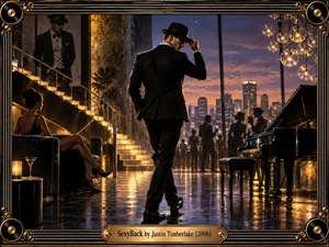 A sharply dressed man crosses a luxurious rooftop lounge at dusk, surrounded by elegant guests, glowing stairs, a grand piano, and a glittering city skyline. Golden highlights contrast with deep blacks and cool blue shadows, creating a confident, seductive mood within a polished cinematic digital painting framed by ornate music-inspired details.